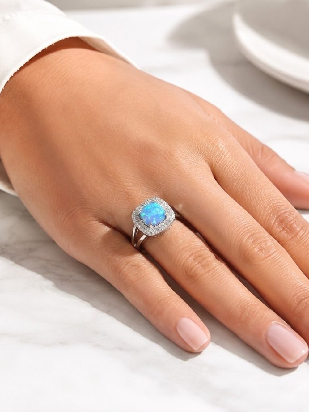 Blue opal CZ pave Halo Sterling silver ring size 8 🆕 - Picture 2 of 9